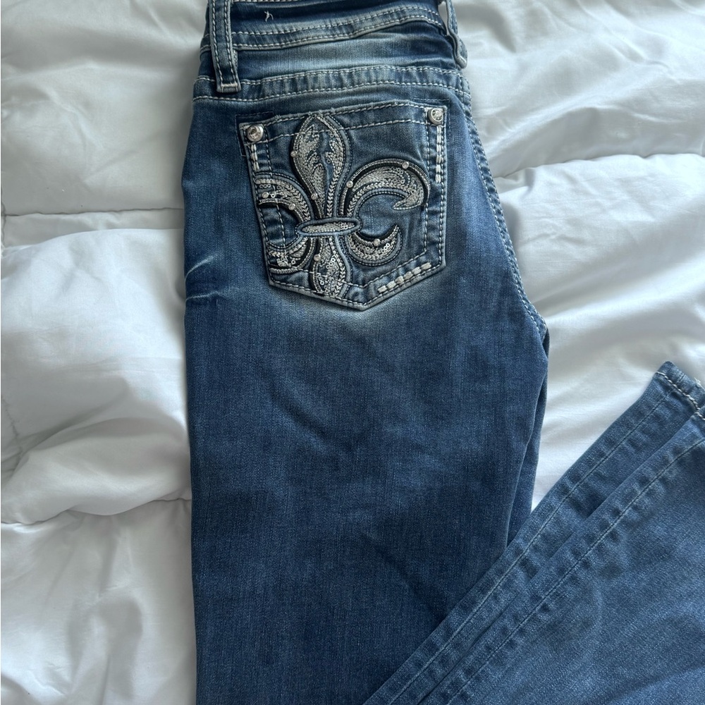 Miss Me Blue Boot Cut Jeans with Silver Embroidery